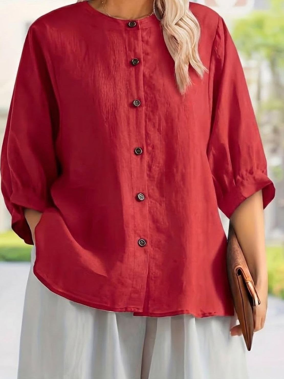 Relaxed loose breathable linen blouse in vibrant red with button-down front and 3/4 sleeves