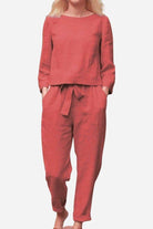 red 100 cotton linen monochrome two piece women's set with long sleeves and drawstring pants