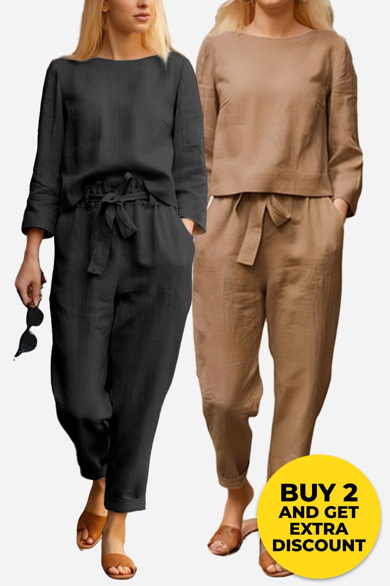 Two women wearing Retro Monochrome Linen breathable linen cotton two-piece sets in black and brown with loose fit and wide-leg pants