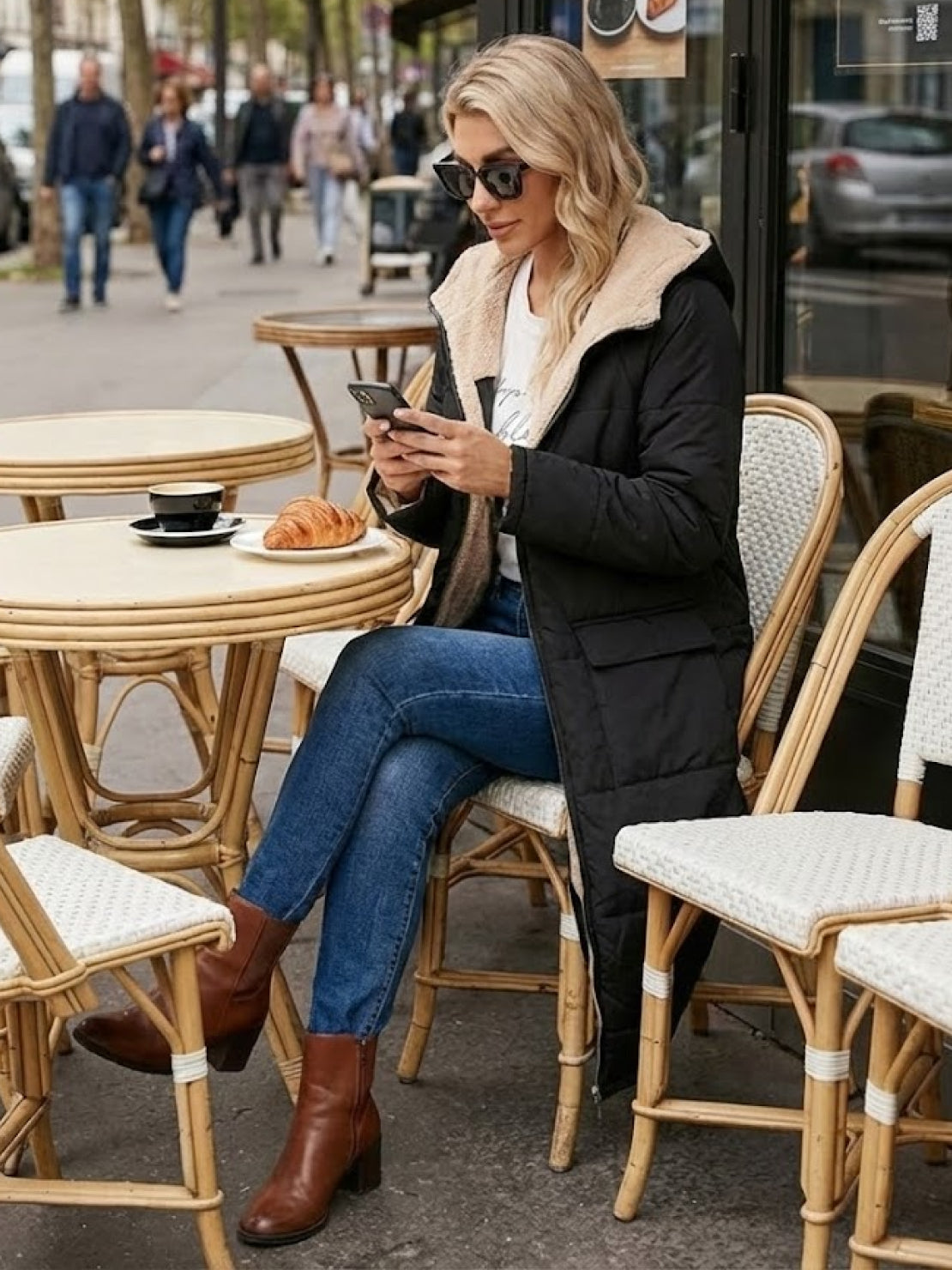 Woman wearing black sherpa-lined hooded teddy coat sitting at outdoor café table with croissant and coffee, stylish winter streetwear.