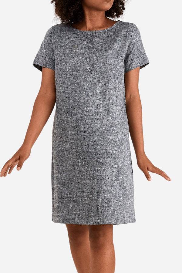 Gray short sleeve shift dress with round neck and knee-length hem