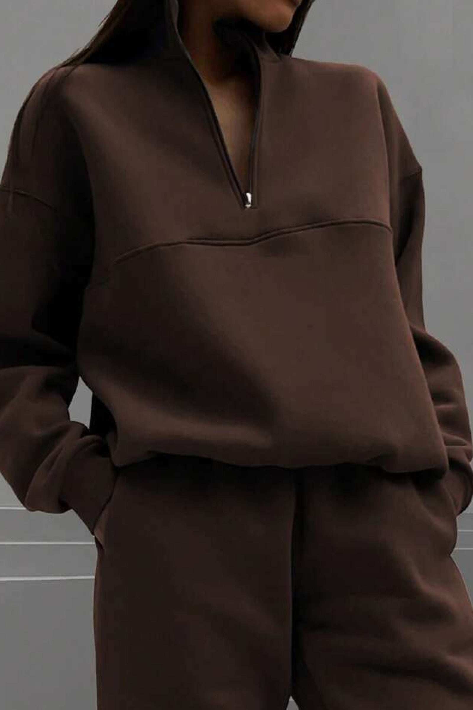 Brown cotton blend tracksuit with zip neckline and long sleeves for comfortable casual wear