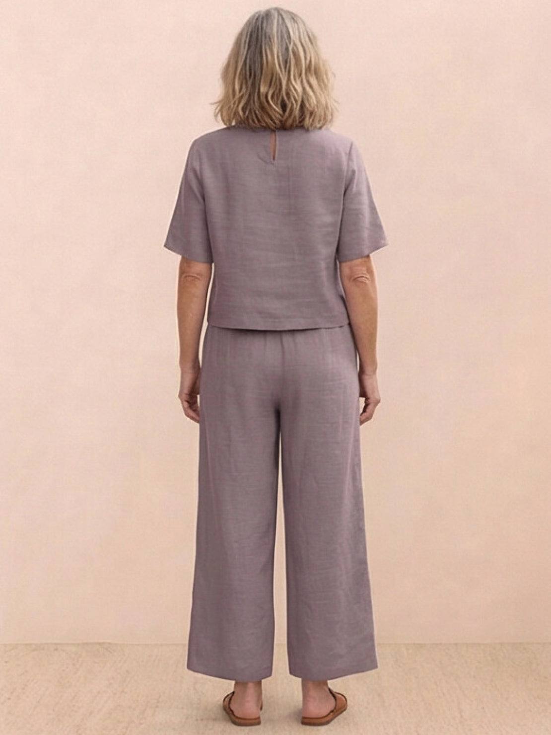 Loose fit co-ord set with soft-tailored top and wide-leg bottoms in breathable fabric for relaxed style