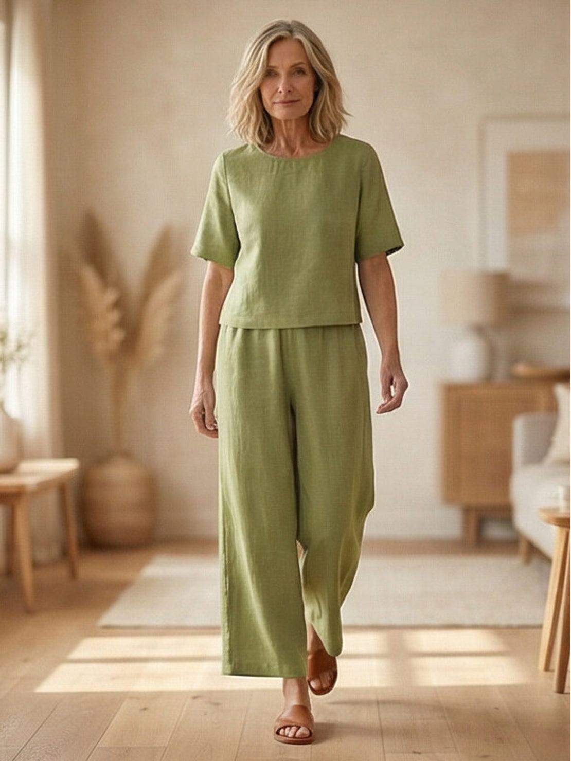 Loose Fit Co-ord Set with soft-tailored top and wide-leg bottoms in breathable cotton blend fabric