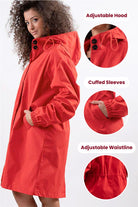 Red Rain Couture Windbreaker with adjustable hood, cuffed sleeves, and adjustable waistline, oversized water-resistant jacket for women