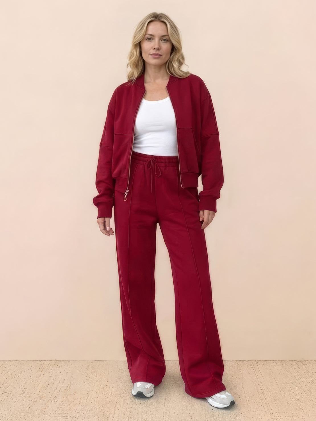 The Voyager Zip Set two-piece zip-front sweatshirt and wide-leg joggers travel outfit