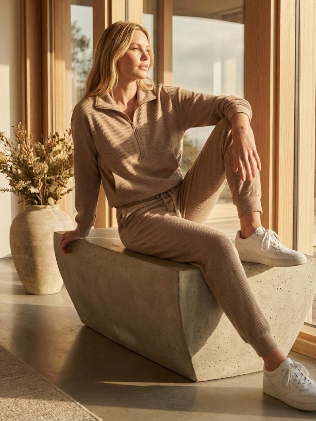 Unisex half-zip pullover and sweatpants set in soft fabric for casual and travel wear