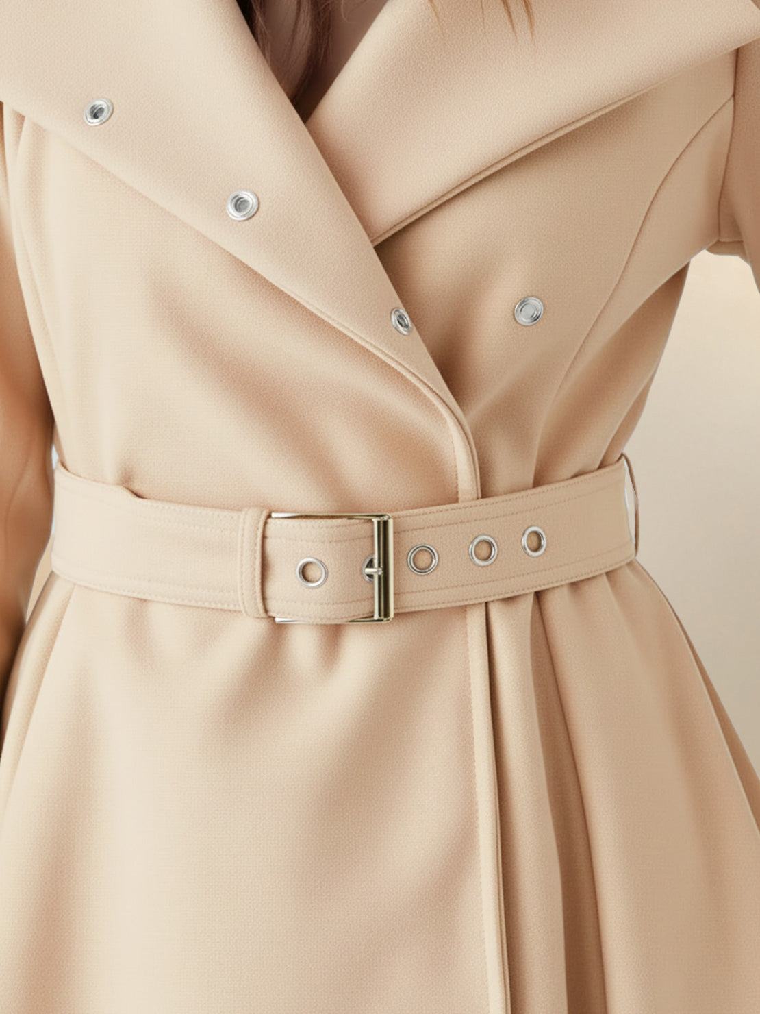 Woman wearing elegant water-repellent A-line hooded raincoat with matching belt