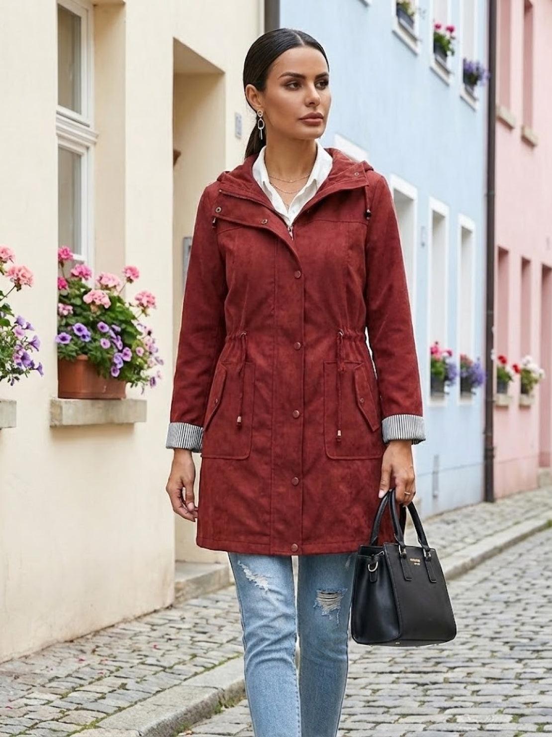 Woman wearing a stylish red water resistant windbreaker with hood and zipped pockets outdoors