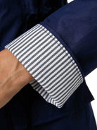 Close-up of striped cuff on navy water resistant windbreaker jacket sleeve for women