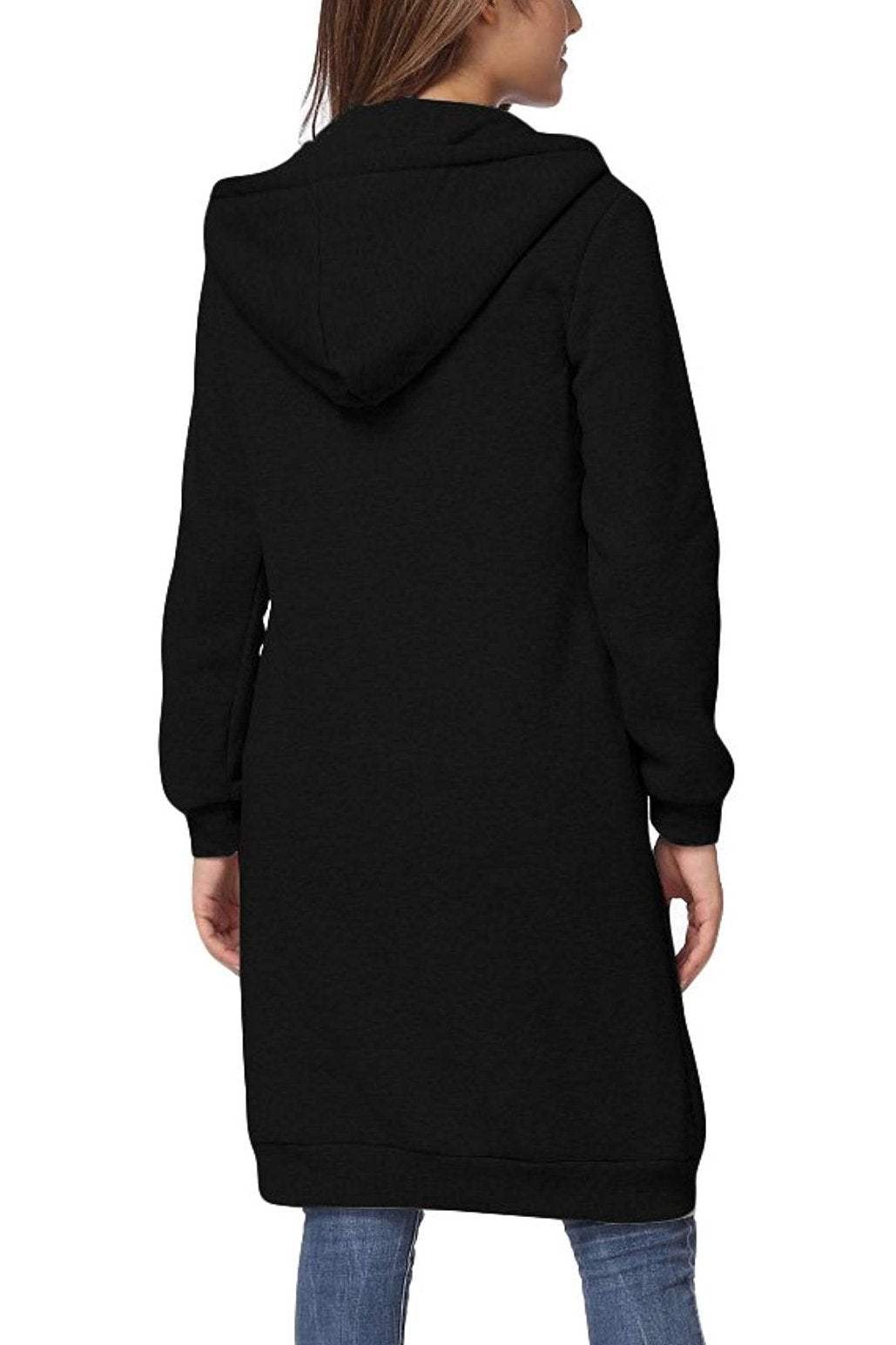 black oversized long zip sweatshirt hoodie with drawstring hood and long sleeves back view