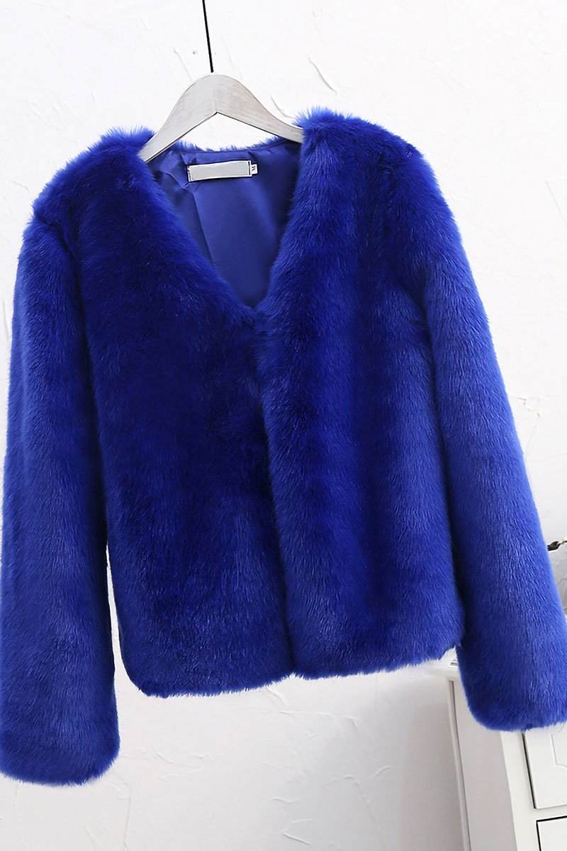 bold faux fur luxe jacket in vibrant blue with V neckline and button front closure